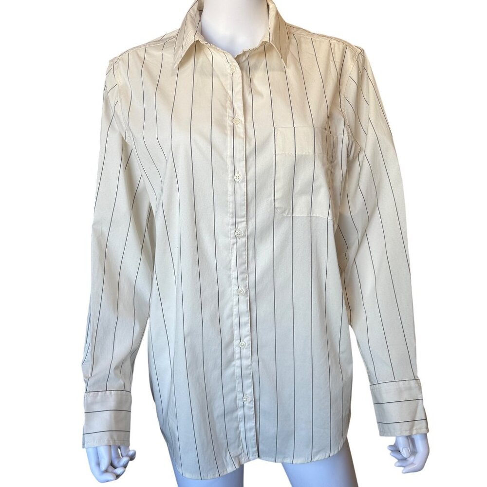 A New Day Womens Beige & Black Striped Button-Up Shirt Cotton Blend Size XXL